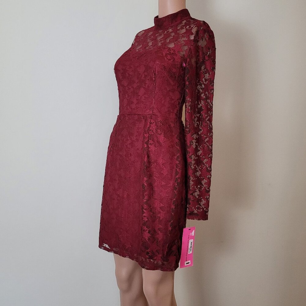 Betsey Johnson Illusion Mock Neck Star Lace Dress Deep Red, Size 2, Festive Mini